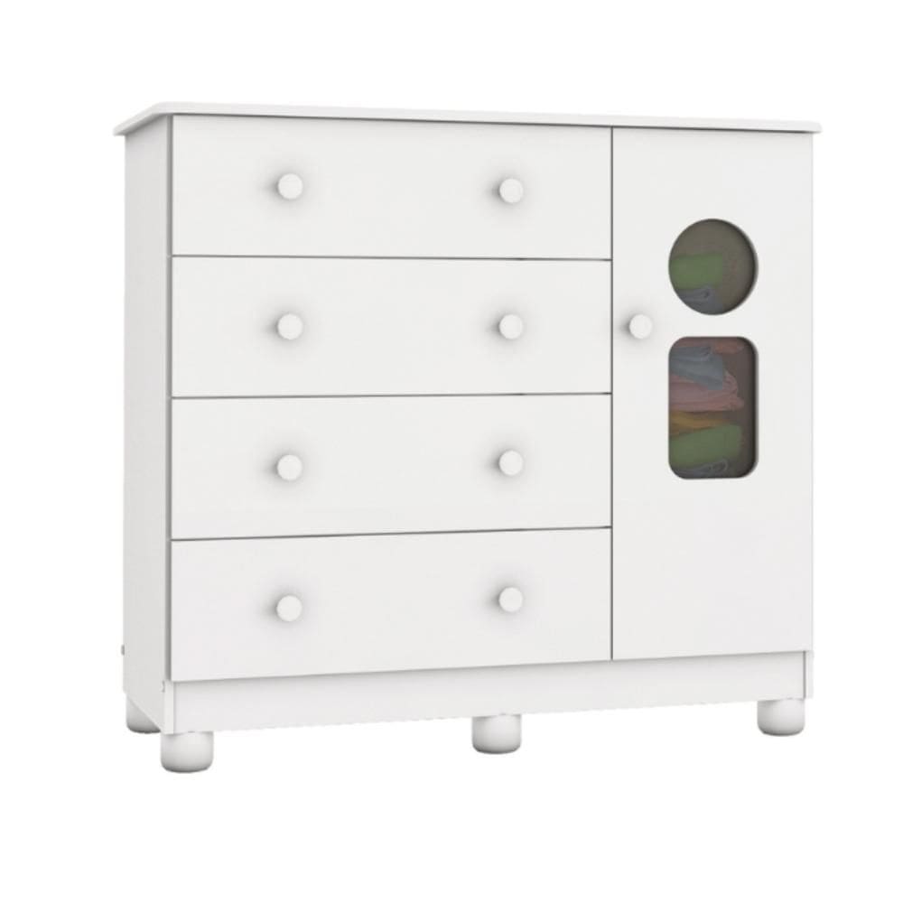 Cômoda Infantil Tedy Peroba Branco 100%MDF 1 Porta 4 Gavetas