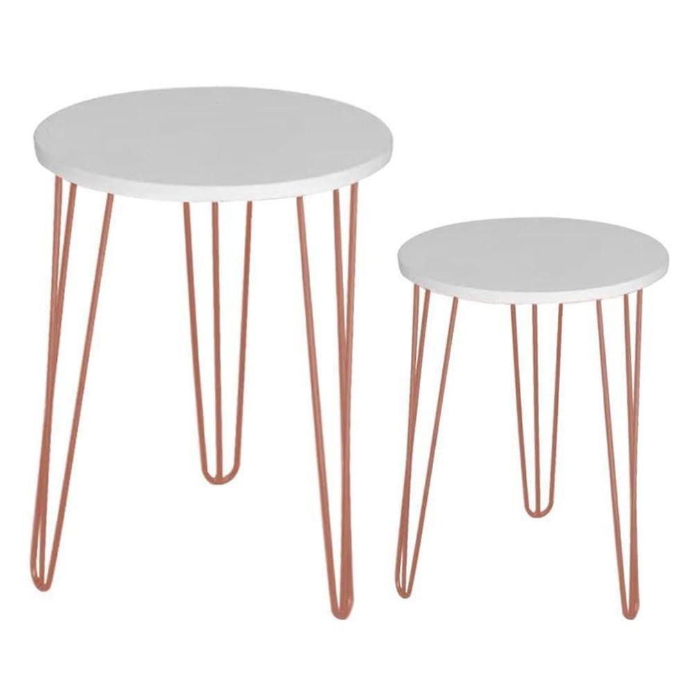 Kit 2 Mesas Redondas Tampo Mdf Branco Pés Ferro Metal Rosê