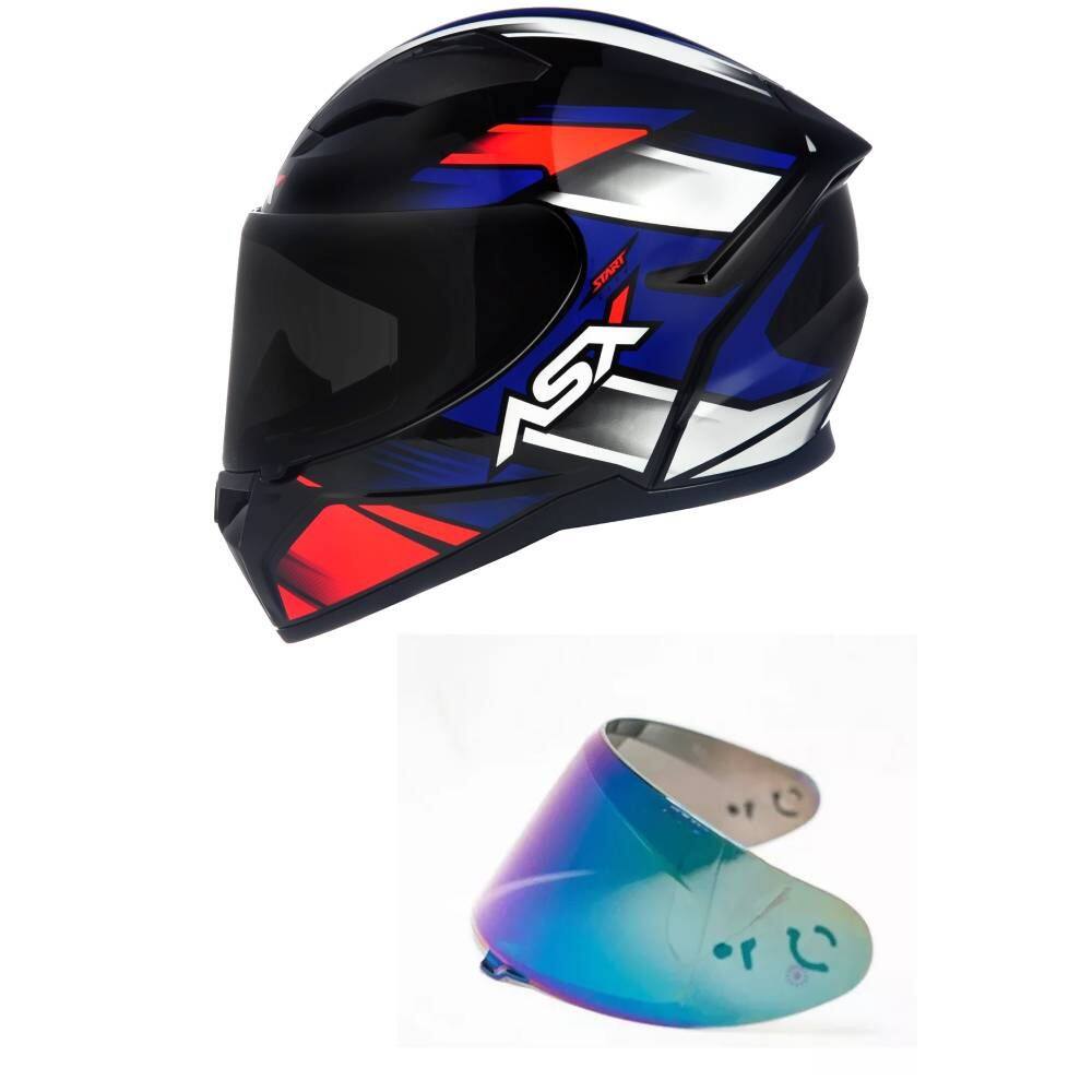 Capacete ASX City Start Preto Vermelho e Azul Mais Viseira Camaleão