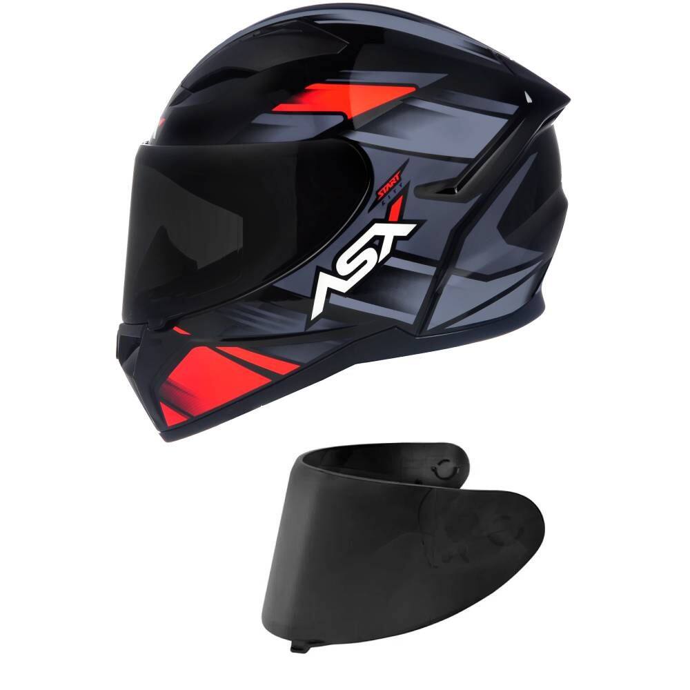 Capacete ASX City Start Preto Vermelho e Cinza Mais Viseira Fumê