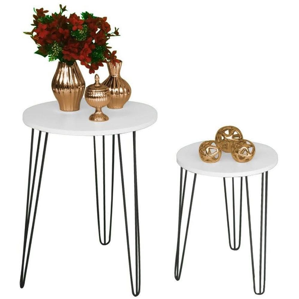 Kit 2 Mesas De Apoio Tampo Mdf Branco Pés Ferro Metal Preto
