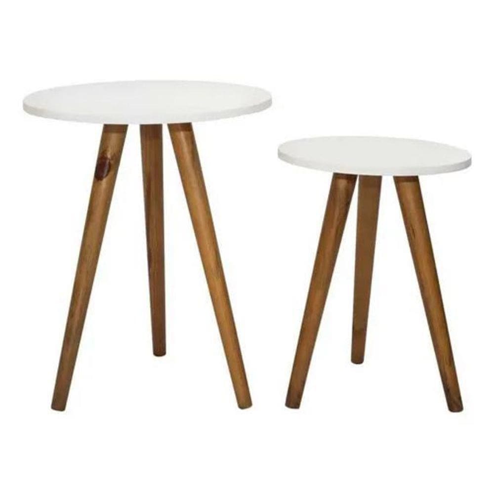 Kit Mesa Lateral Redonda Tampo Mdf Branco Pé Palito Madeira