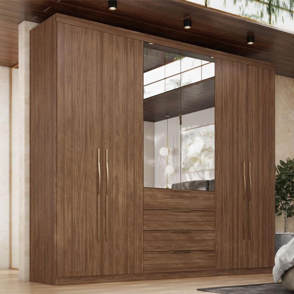 Guarda Roupa Casal Ambiente Giardino 6 Portas Nogueira Touch com Espelho - Demóbile