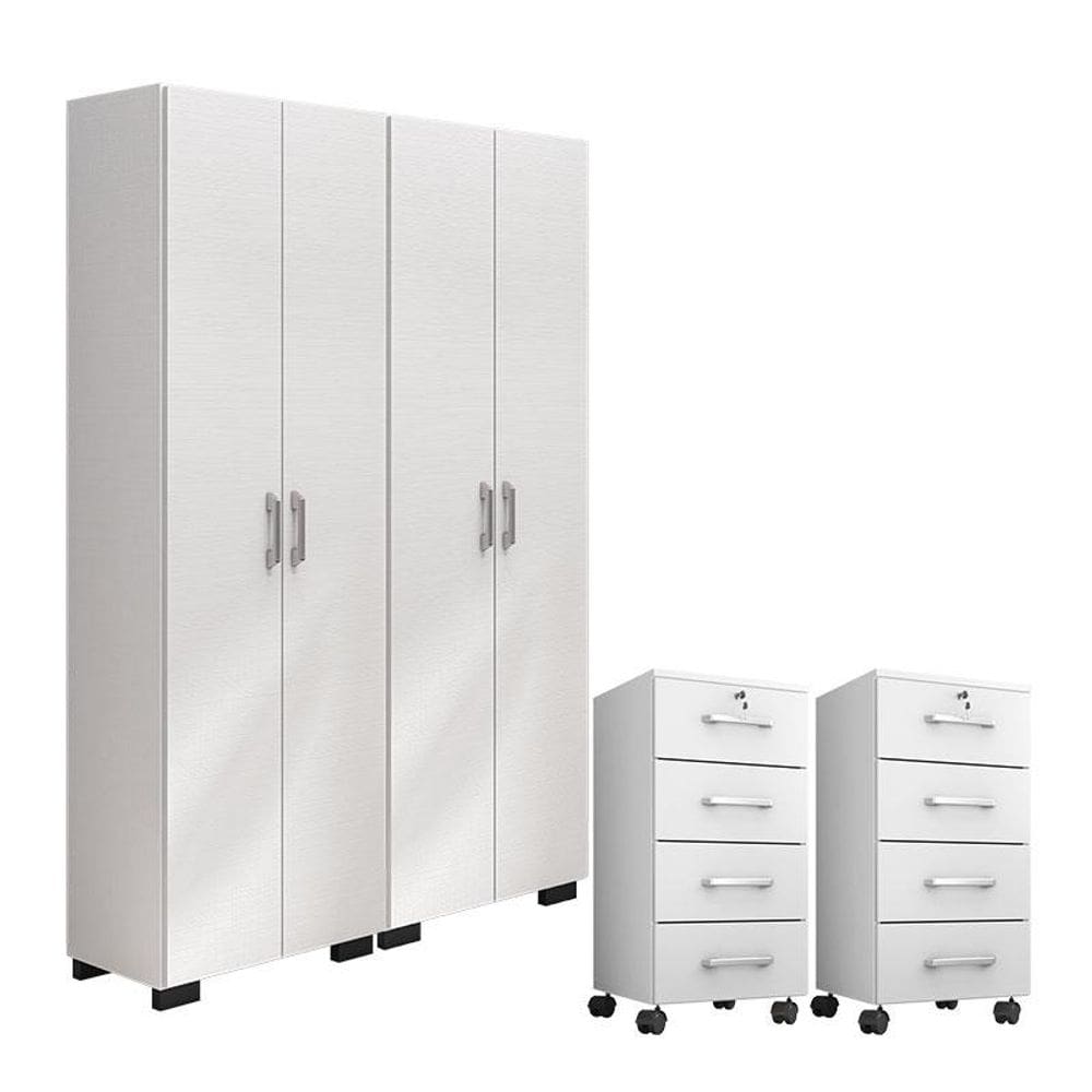 Kit 2 Gaveteiros para Escritório Gávea com Chave e 2 Livreiros Office com Portas Grandes Branco Fosco - Móveis Leão