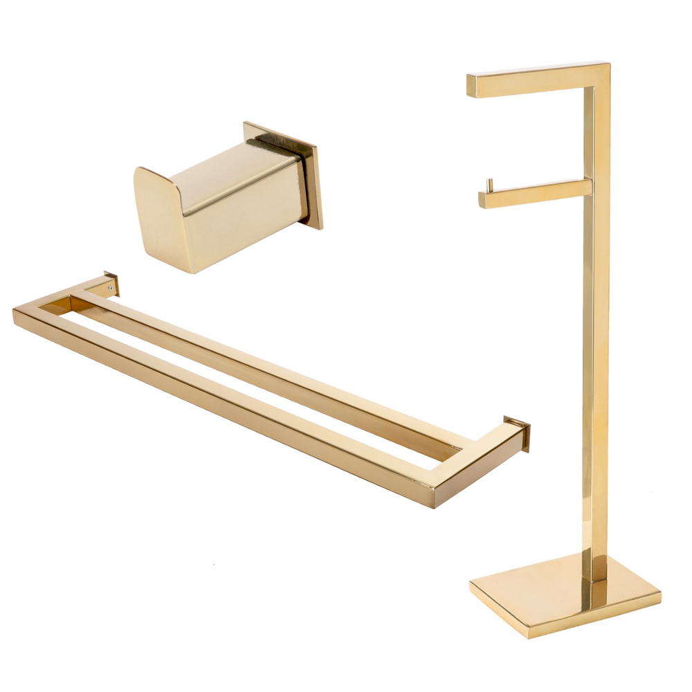 Kit de Acessórios Para Banheiro com 3 Peças em Aço Inox Dourado Linha Larissa com toalheiro Duplo Stainless