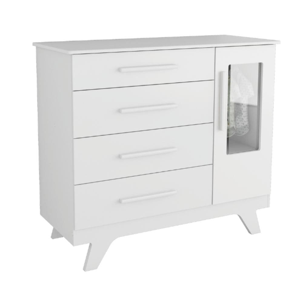 Cômoda Infantil Retrô Peroba em MDF Branco 4 Gavetas 1 Porta