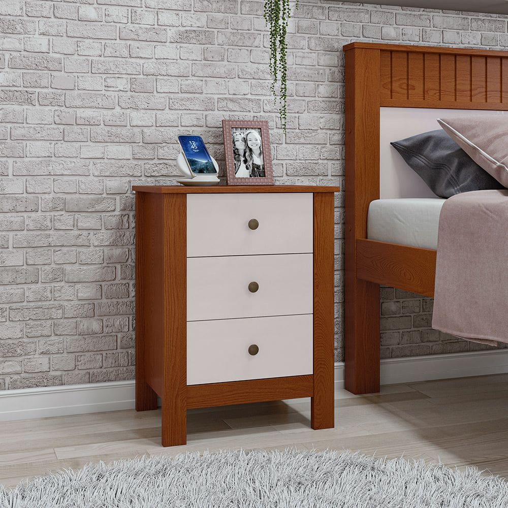 Mesa de Cabeceira Dubai com 3 Gavetas New Frassino/off White