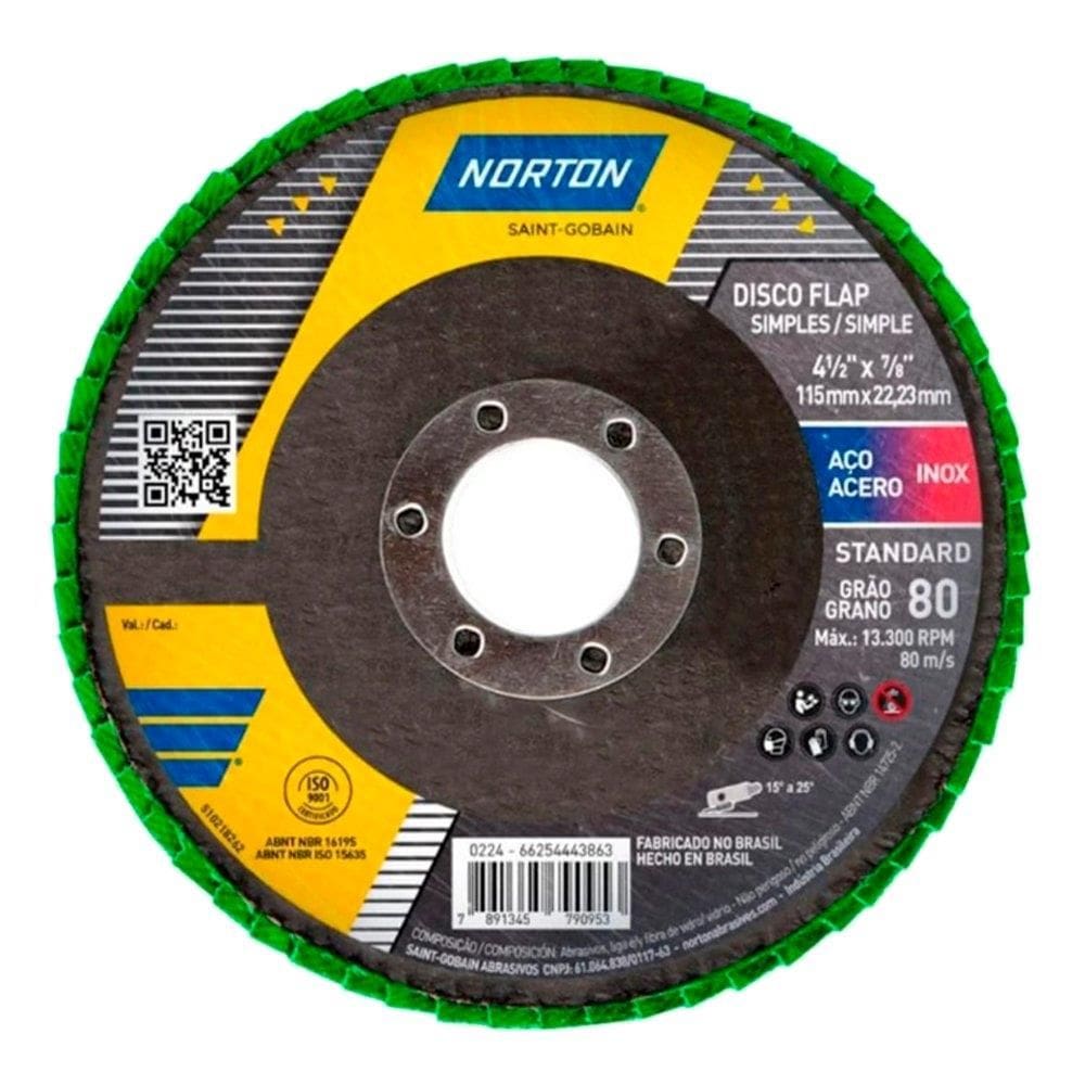 Disco Flap Fibra Norton R244 Standard 4.1/2" 115x22,23mm G80 - Embalagem com 10 Unidades.