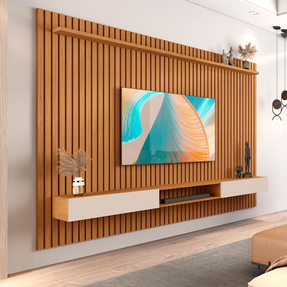 Painel Ripado Com Nicho Suspenso Para TV Até 75 Polegadas 1.8 Nature Off White Versátil Giga Móveis