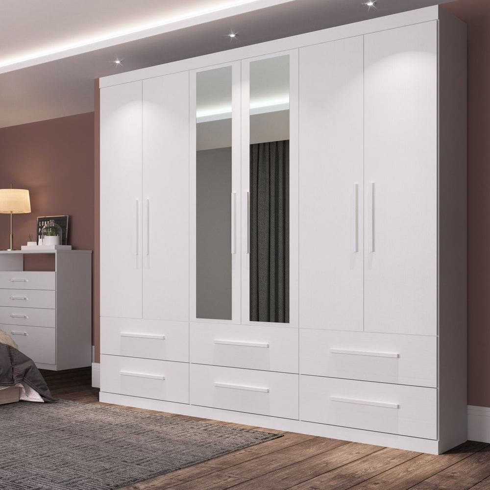 Guarda-roupa Casal 6 Portas 6 Gavetas Aspen com Espelho Branco Artico