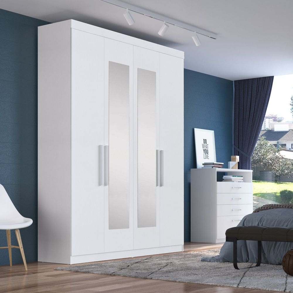Guarda-roupa Solteiro 4 Portas 2 Gavetas Paris com Espelho Branco Artico