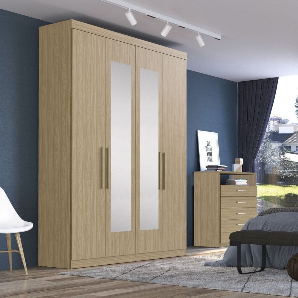 Guarda-roupa Solteiro 4 Portas 2 Gavetas Paris com Espelho Cedro