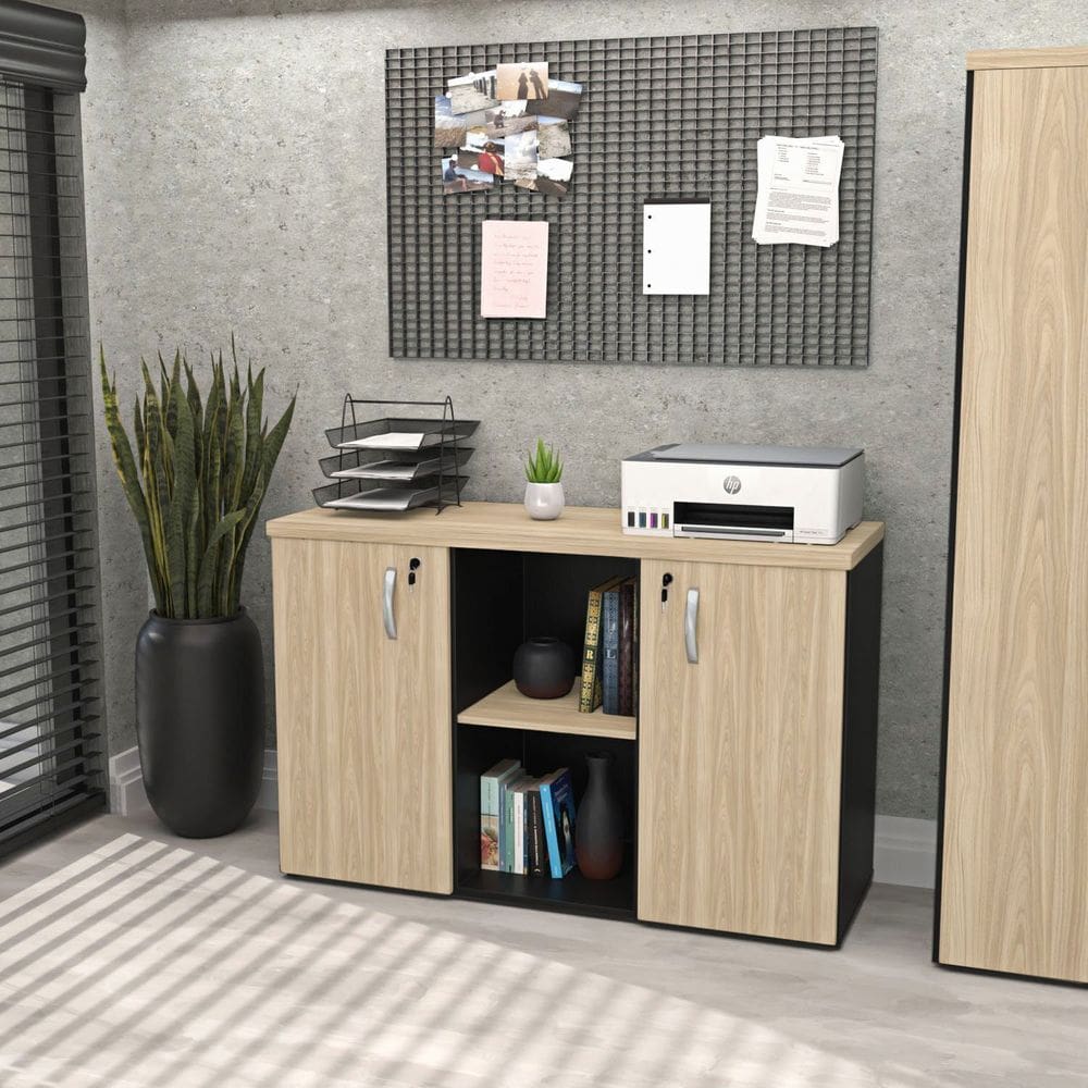 Armário Baixo Credenza com Chave 120x42cm Escritório Carvalho/Preto