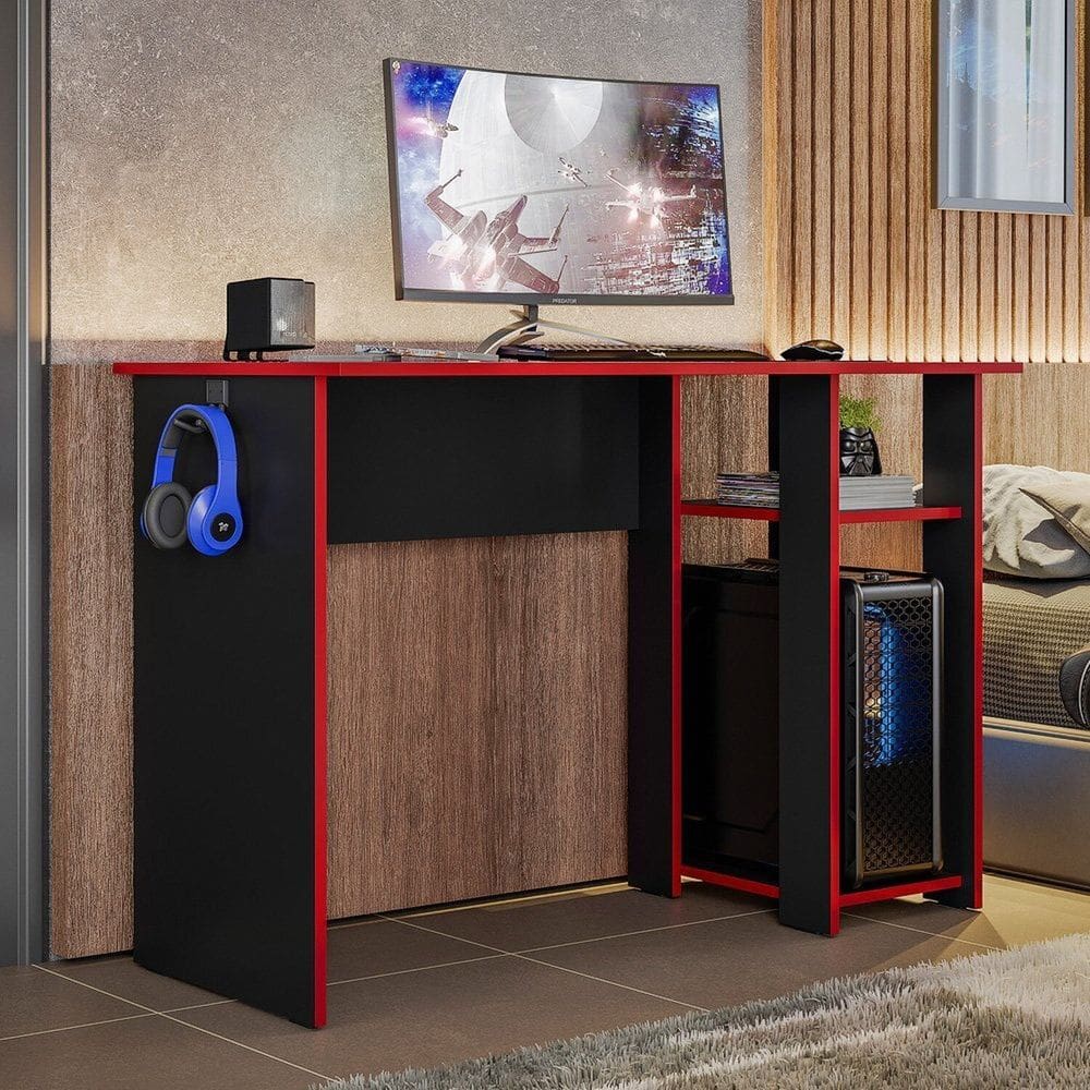 Mesa para Computador Gamer Slim Escrivaninha Preto / Vermelho
