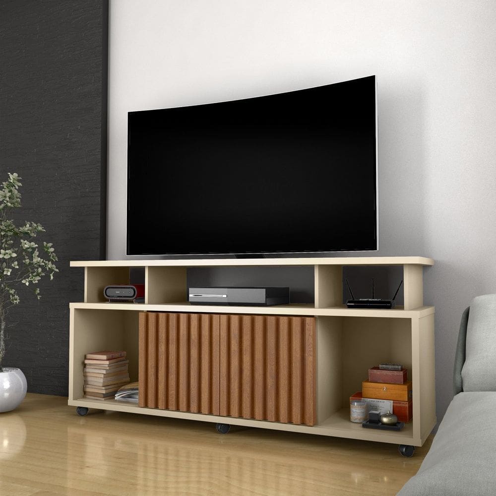 Rack Bancada Sala com Pés de Rodinha e 2 Portas Ripada Dallas 160x72cm Off White/Ipê