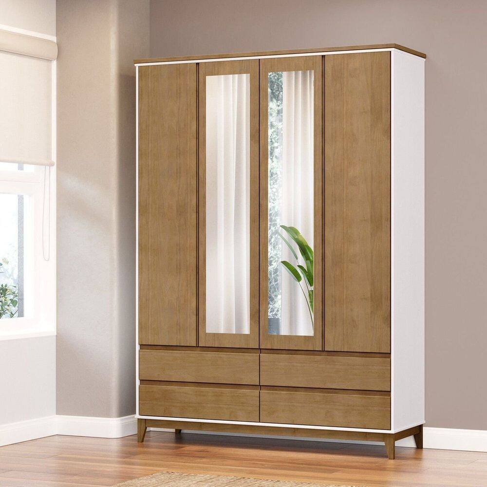 Guarda-roupa 4 Portas 4 Gavetas Prata Off White/Freijó