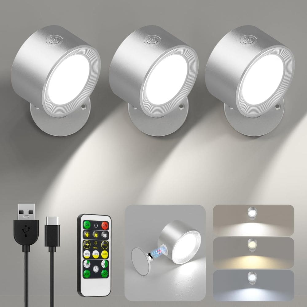 Luzes LED montadas na parede Lightbiz, 3 unidades com recarregável remoto