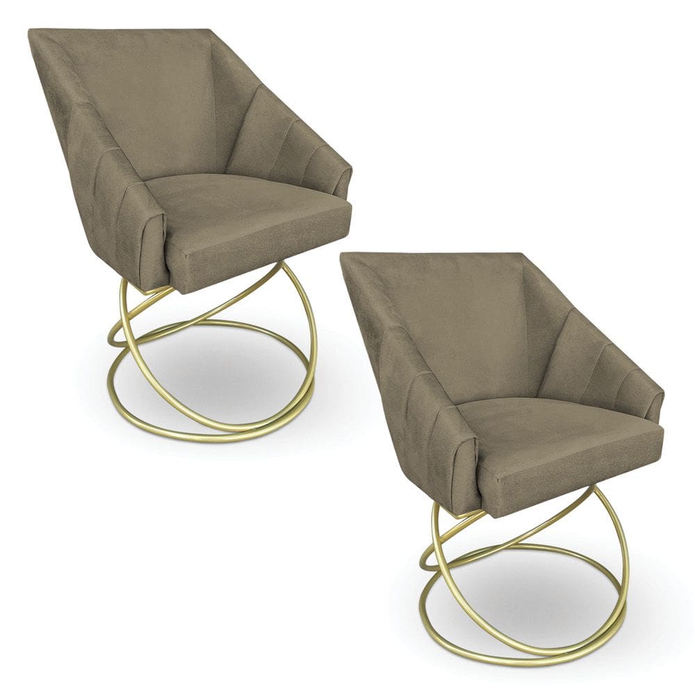 Kit 2 Poltronas Luxo Alana Suede Marrom Rato Base de Ferro Dourado - Pallazio
