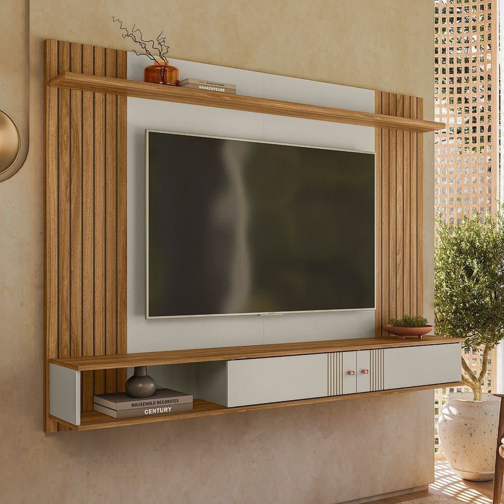 Painel Suspenso Denver Detalhes Ripado para TV`s até 70 Polegadas Off White/Nature - Peternella