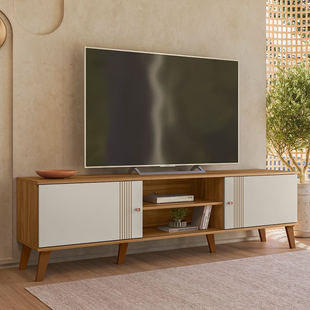 Rack Denver 1800mm P/ Tv`s até 75 polegadas com 2 Portas de Correr Nature/Off White- Peternella