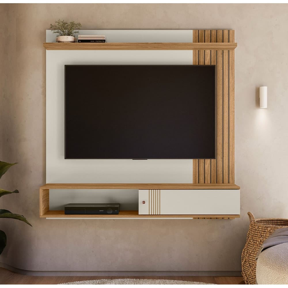 Painel Milão Flex para TV até 55” com Detalhe ripado Off White/ Nature - Peternella