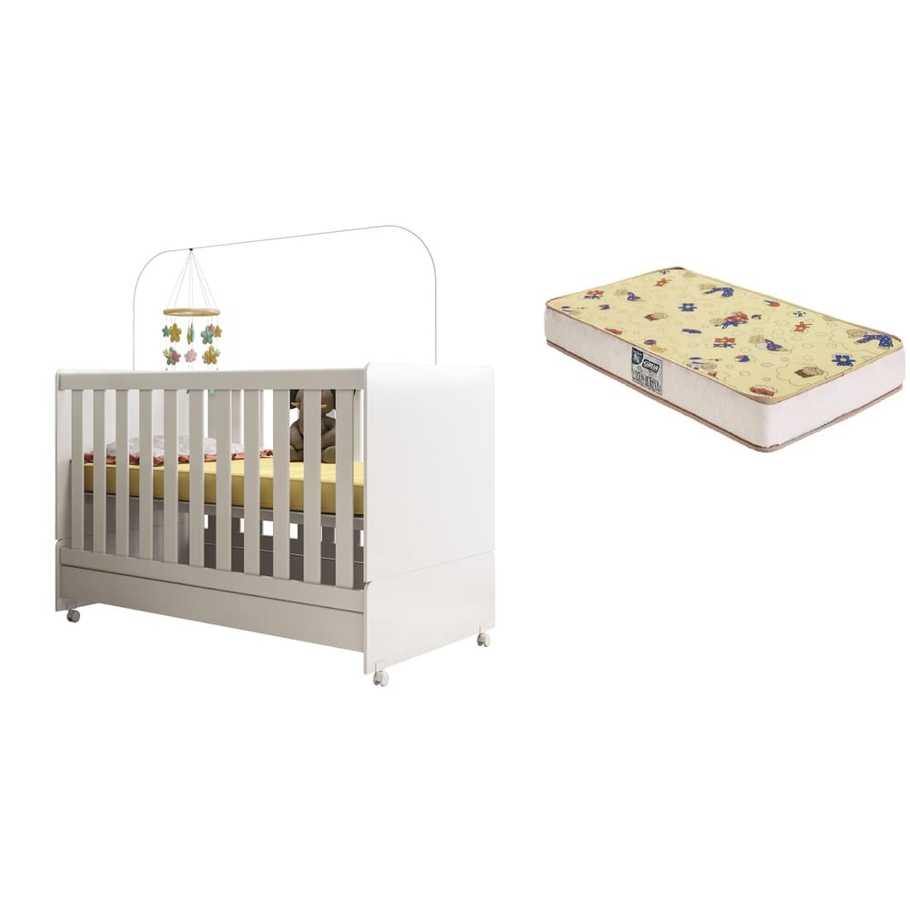 Berço Mini Cama Encanto com Colchão 70x130 e Kit Rodizio Branco - Peternella