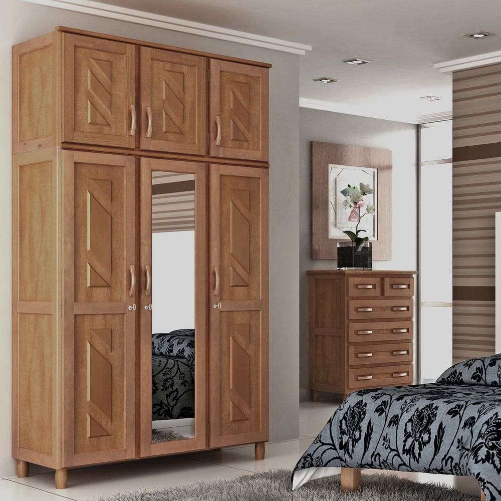 Conjunto de Quarto Grécia: Guarda-Roupa 6 Portas Maleiro Cômoda 6 Gavetas Madeira Pinus Imbuia - Cavazotto