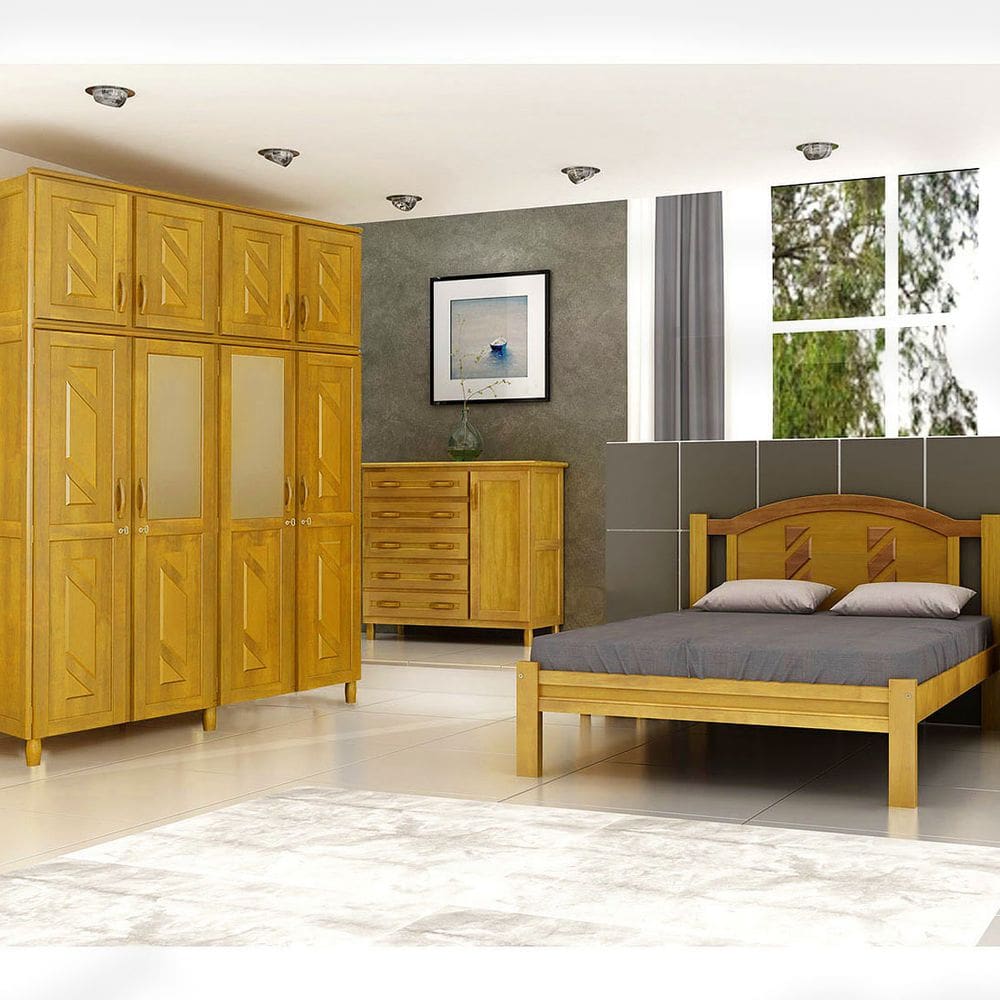 Quarto de Casal Grécia: Guarda-Roupa 8 Portas Espelho Cama Cômoda Sapateira Madeira Pinus Freijó - Cavazotto