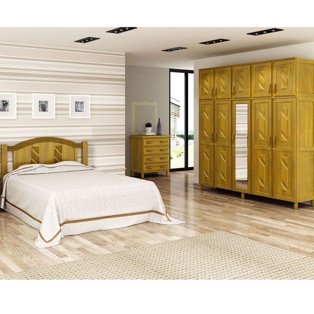 Quarto de Casal Grécia: Guarda-Roupa 10 Portas c/ Espelho Cama Cômoda 4 Gavetas Madeira Pinus Freijó - Cavazotto