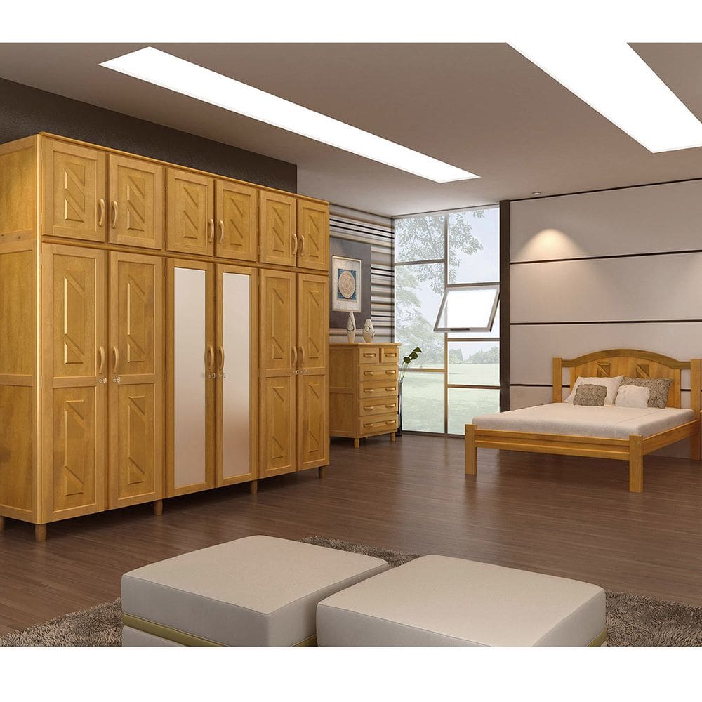 Quarto de Casal Grécia: Guarda-Roupa 12 Portas c/ Espelho Cama Cômoda 6 Gavetas Madeira Pinus Freijó - Cavazotto