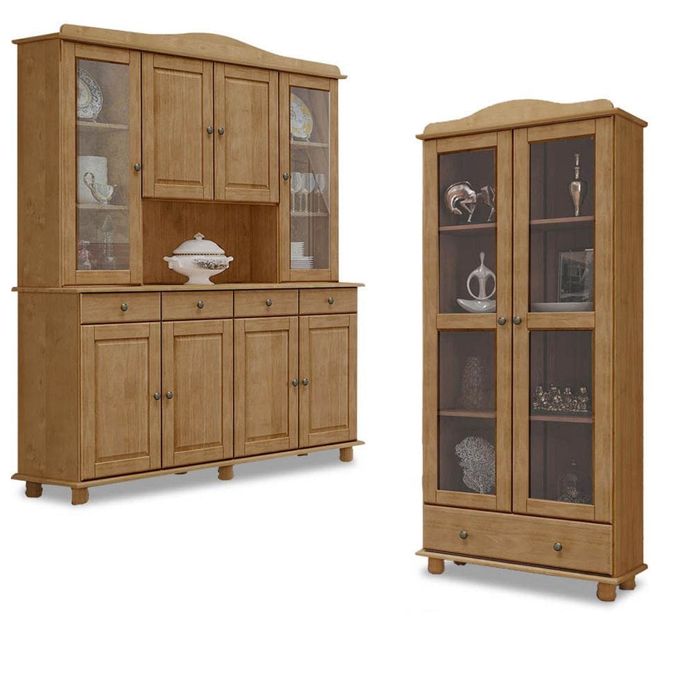Conjunto Cozinha: Cristaleira 8 Portas 4 Gavetas e Armário 2 Portas 1 Gaveta Rubi Freijó Madeira Pinus - Finestra