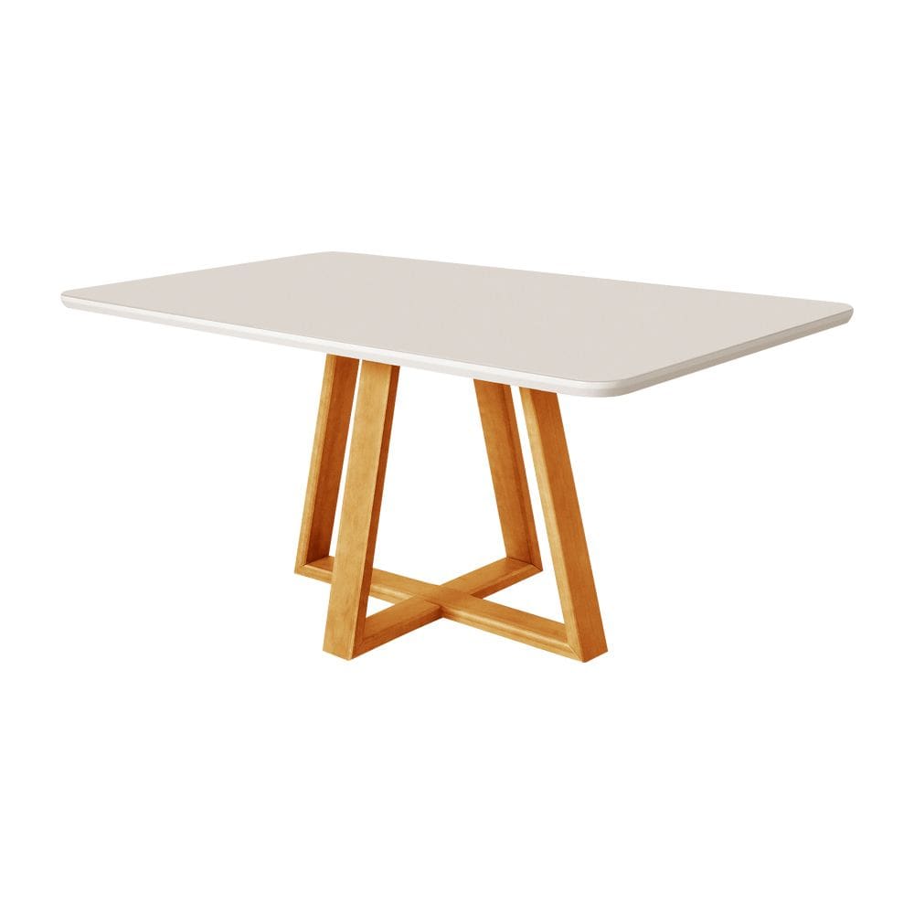 Mesa de Jantar Tampo 120x90 MDF/Vidro para 4 Lugares Pés Madeira Maciça Pérola Mel/OffWhite