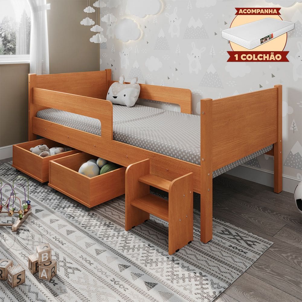 Cama Infantil + Colchão com 2 Baus Organizador Escada Luna Plus Nature