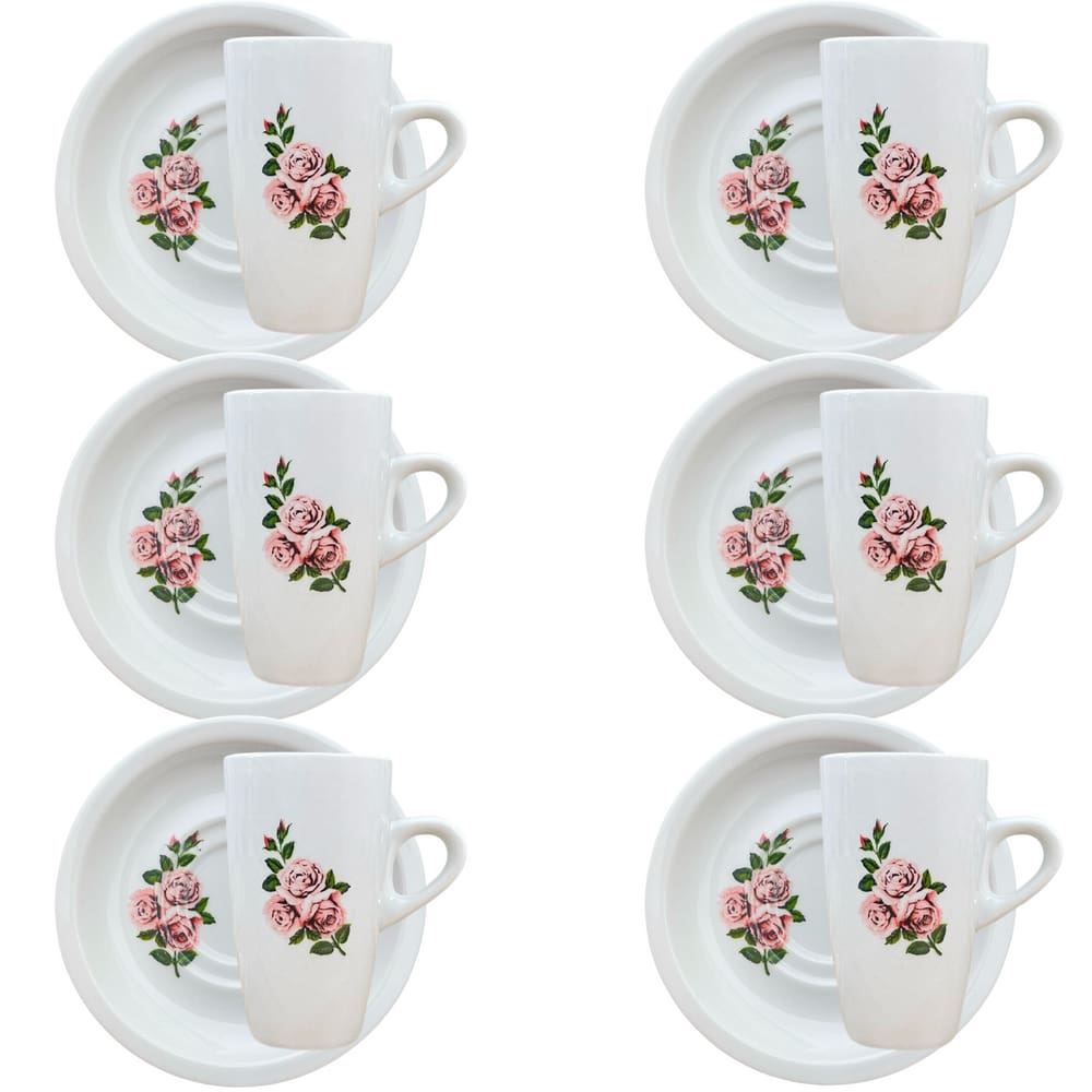 Jogo 6 xícaras Café/Chá 150ml Cônica Alta c/ pires Flor Rosa