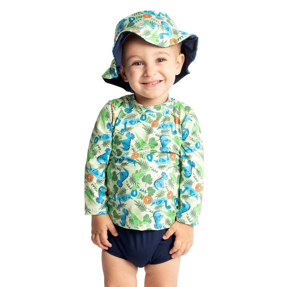 Conjunto Praia Bebê e Infantil Proteção UV com Chapéu Dino Baby Marinho Diju