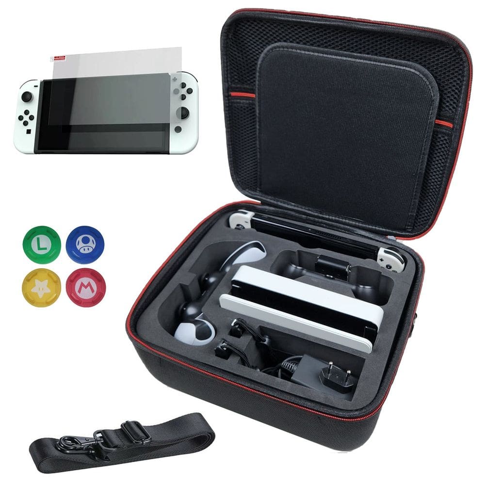 Bolsa Compatível Com Nintendo Switch Oled Maleta Viagem Preta Rígida EVA + Película De Vidro Premium + 4 Grips Mario