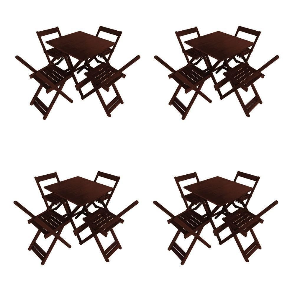 Kit 4 Conjuntos De Mesas Dobráveis 70x70 Em Madeira Maciça Para Restaurantes Com 4 Cadeiras Imbuia Marrom