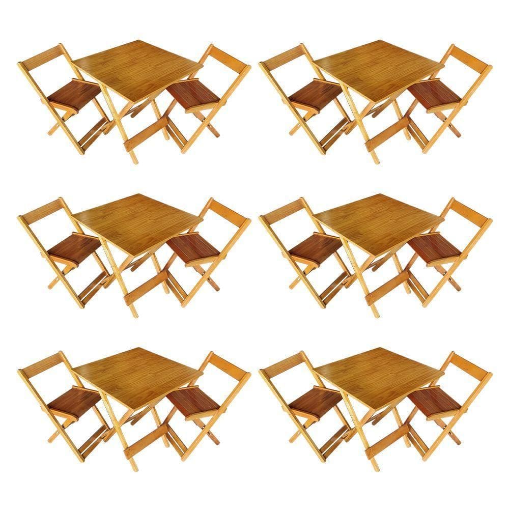 Kit 6 Conjuntos De Mesa Dobrável 70x70cm Em Madeira Maciça Para Restaurantes Com 2 Cadeiras Mel Bege
