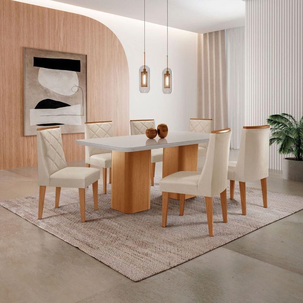 Mesa De Jantar Eloise 180cm Tampo MDF Com Vidro 6 Cadeiras Veludo Creme Off White Naturale