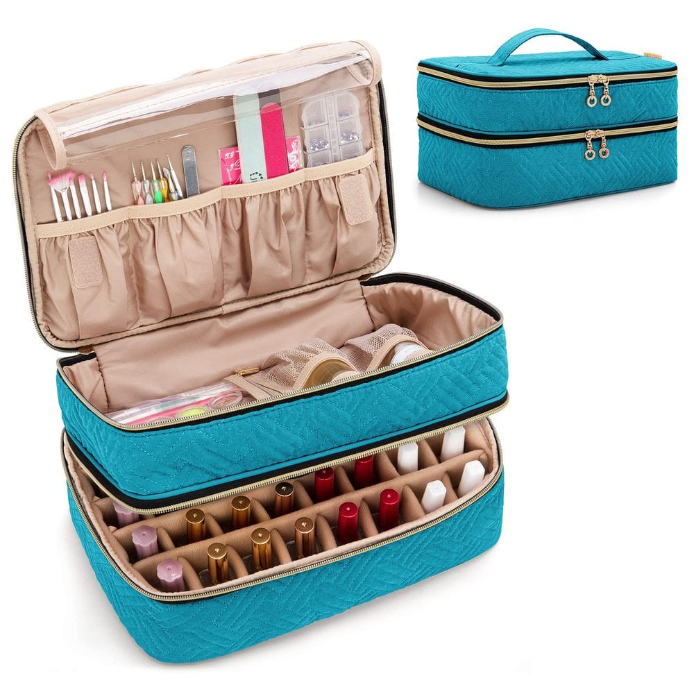 O organizador de esmaltes BAFASO contém 40 frascos de 15 ml de verde-azulado