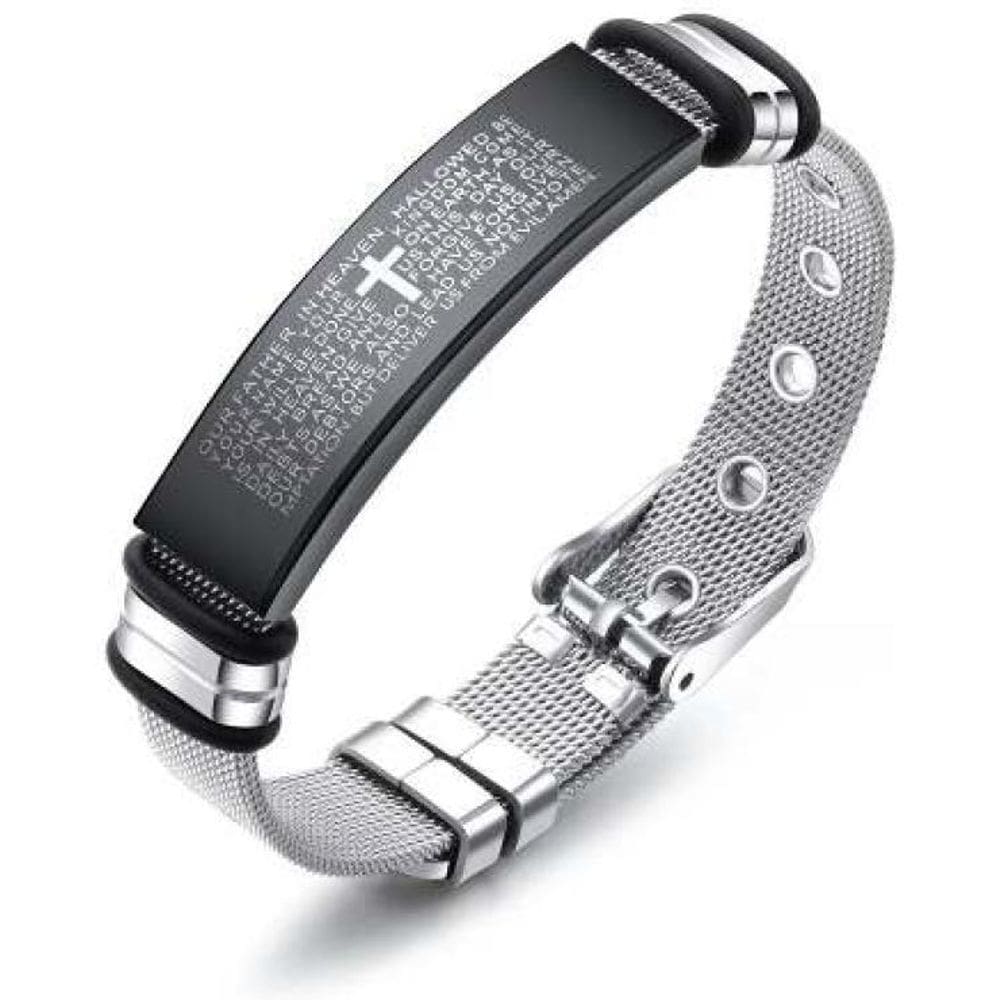 Pulseira Masculina Bracelete Malha de Aço Oração Pai Nosso