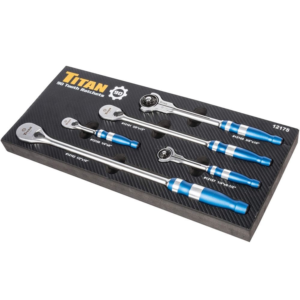 Conjunto de catracas Titan 12175, 5 peças, cabeça giratória e 90 dentes e plana