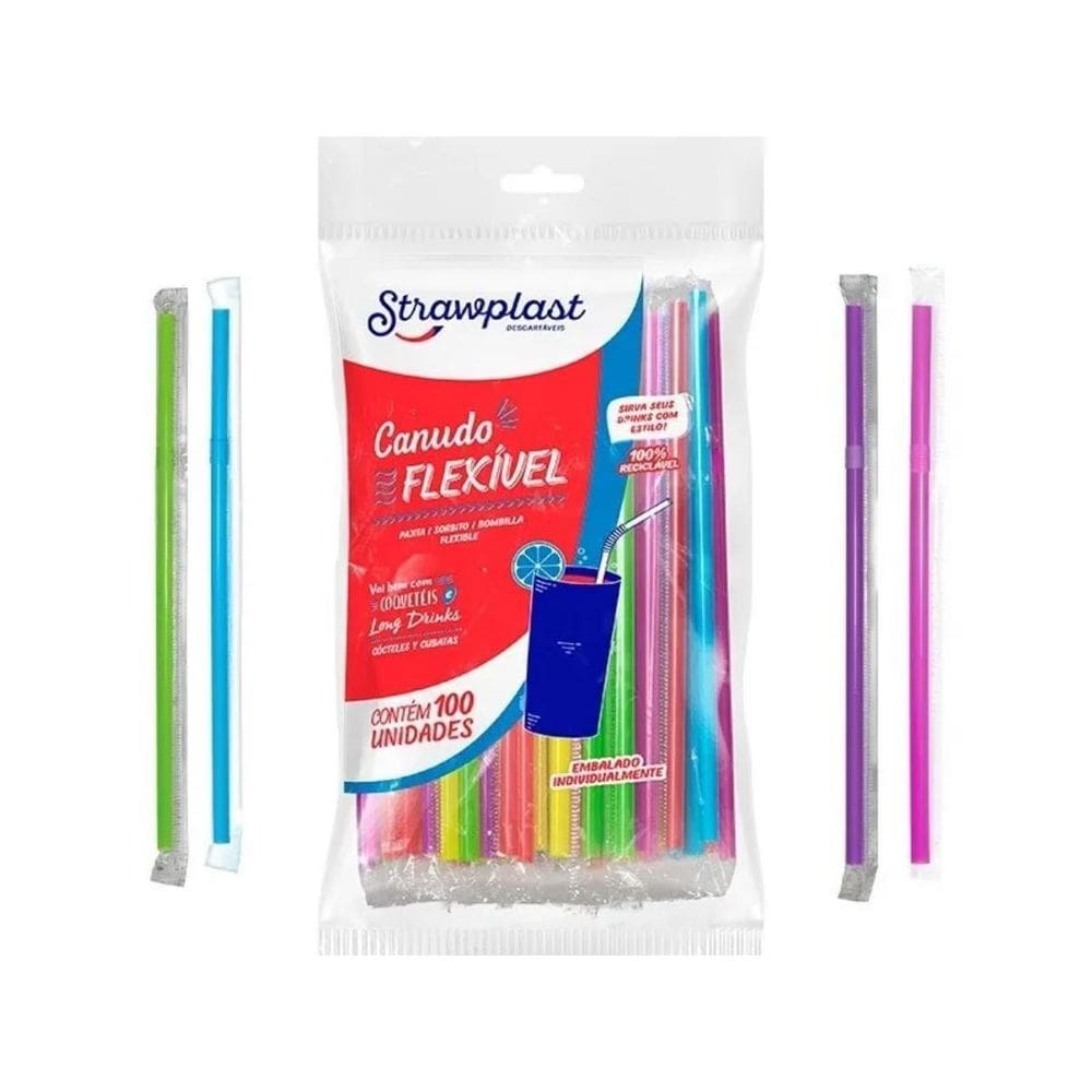 Canudo Colorido Flexivel Strawplast Para Drinks 100 Unidades