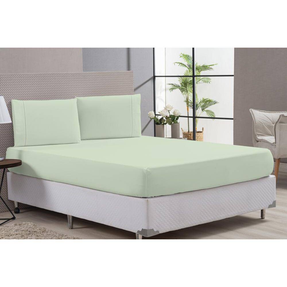 Kit Lençol Com Elástico E Fronha 100% Algodão Verde Padrão