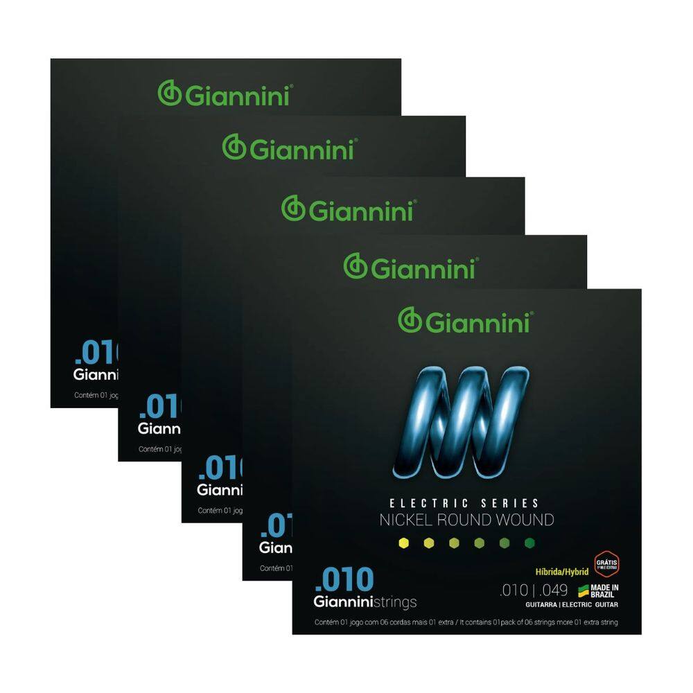 Kit 5 Encordoamento Guitarra Híbrida Giannini Electric GEEGSTH10 Nickel .010