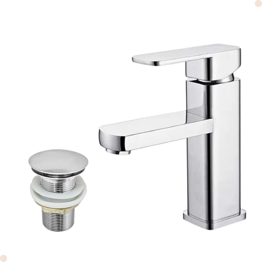 Kit Torneira para Banheiro Misturador Monocomando Quadrada Baixa Cromada Com Válvula Ralo Click-Up Luxo Cromada