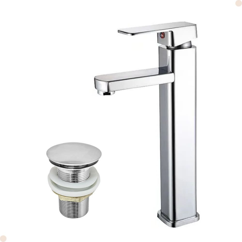 Kit Torneira para Banheiro Misturador Monocomando Quadrada Alta Cromada Com Válvula Ralo Click-Up Luxo Cromada