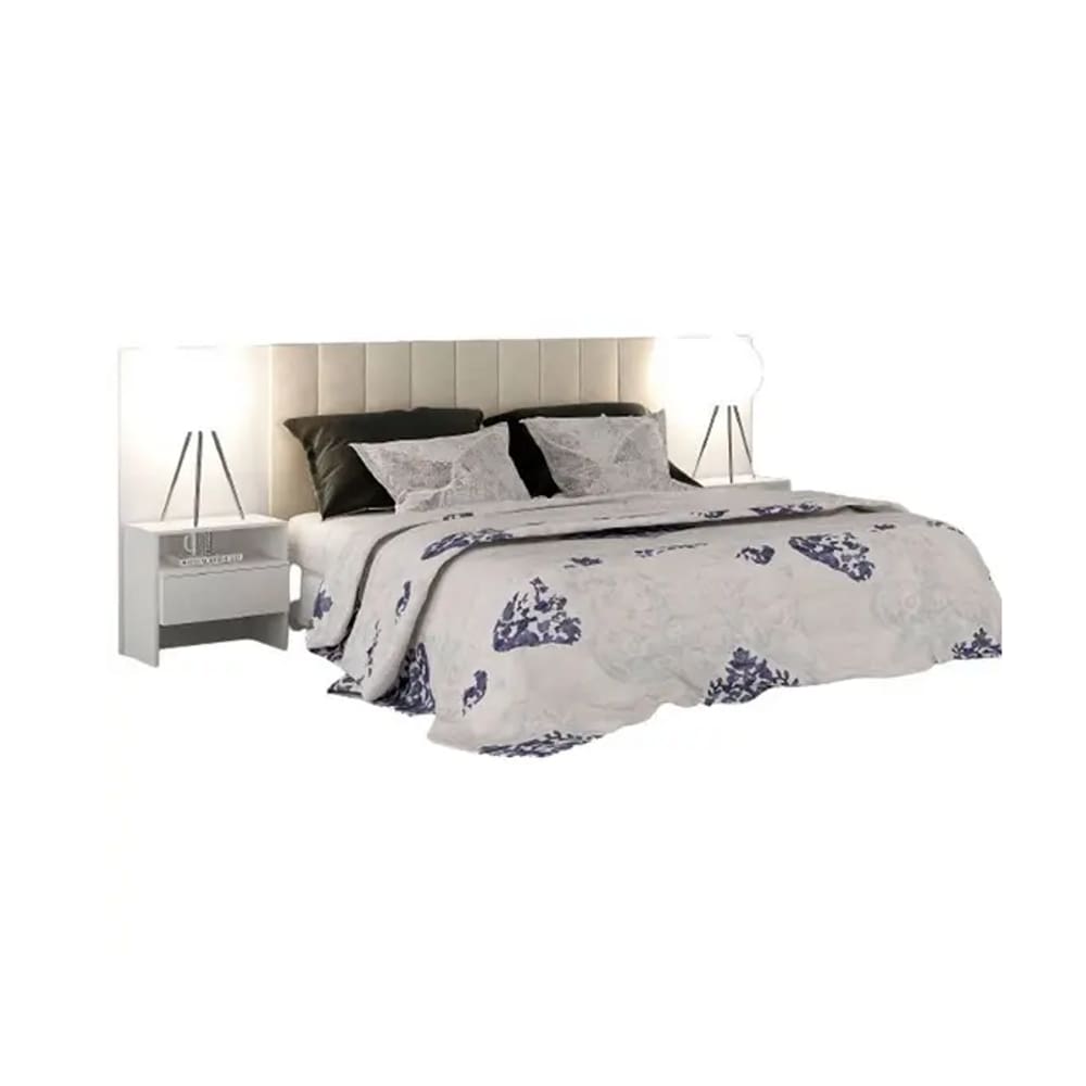 Cabeceira Casal Everest Estofada com 2 Mesas de Cabeceiras  Branco - Novo Horizonte