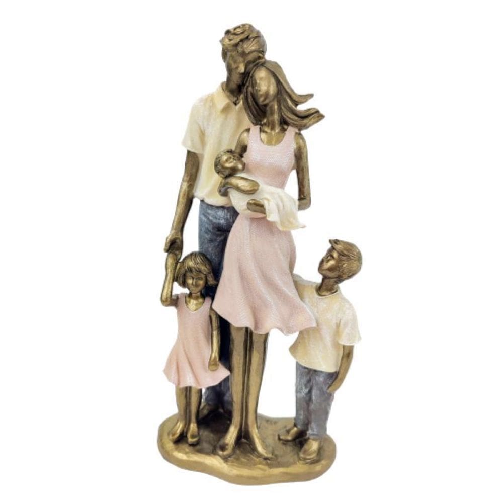 Enfeite Estatua Familia Casal 3 Filhos 25X11X7Cm Dourado