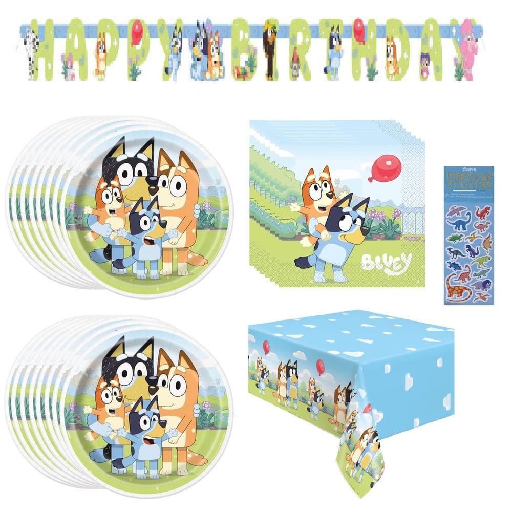 Pacote de suprimentos de festa exclusivo Bluey Birthday para 16